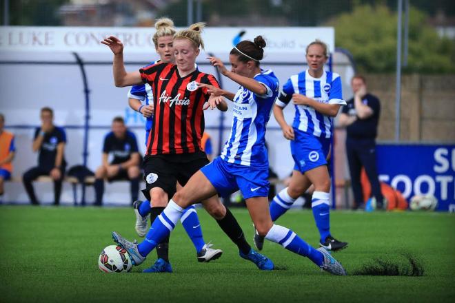 Deanna Cooper and Jo Wilson compete for the ball during the match between Brighton and QPR, Sep 6 2015 (Photo: Kevin Richards)