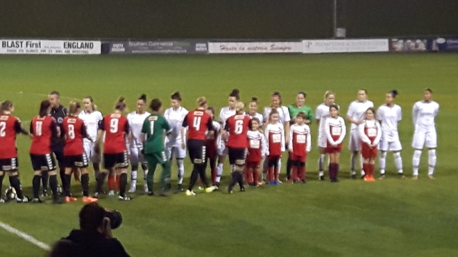 Lewes and Crystal Palace players shake hands before the game, Sep 20 2017 (Photo: Sent Her Forward)