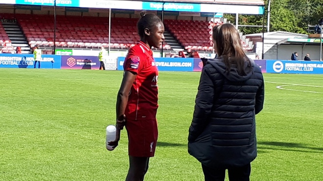 Rinsola Babajide being interviewed after Liverpool's win over Brighton, Sep 23 2018