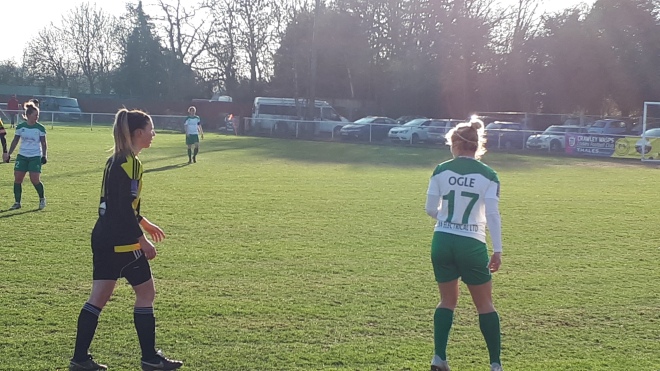 Sian Heather (Crawley Wasps) and Helen Ogle (Chichester City) in action in the Sussex County Cup semi-final at Oakwood, Jan 20 2019 (Photo: Sent Her Forward)